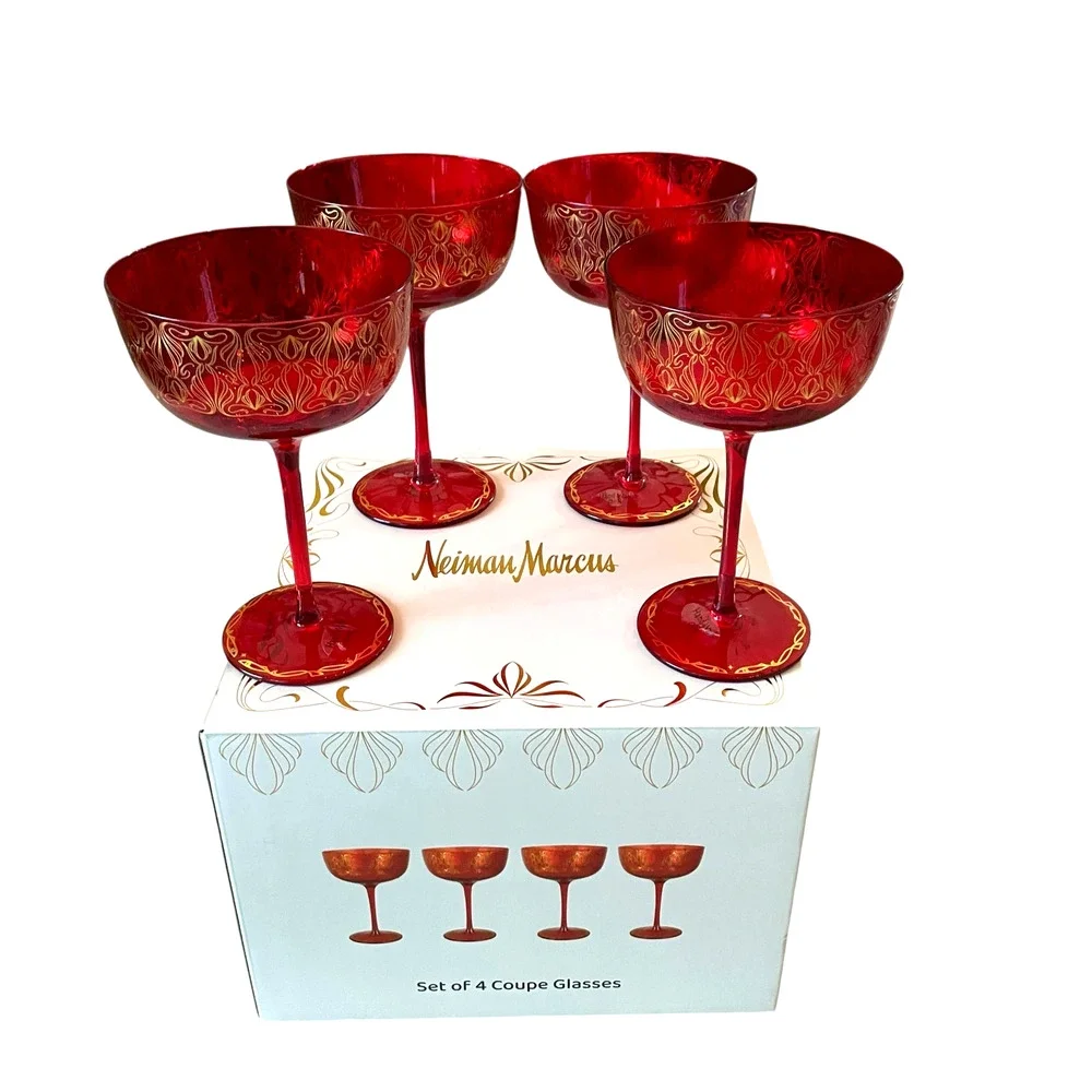 NEIMAN MARCUS Holiday Coupe Glass Set of 4 Red and Gold 6 oz in Gift Box New
